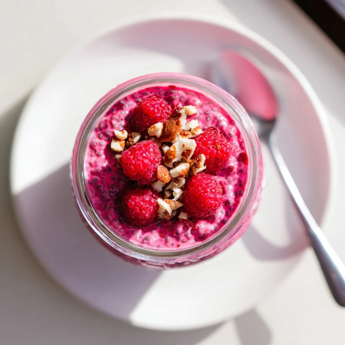 Vibrant pink raspberry chia pudding served in clear bowls with granola and fresh fruit garnish