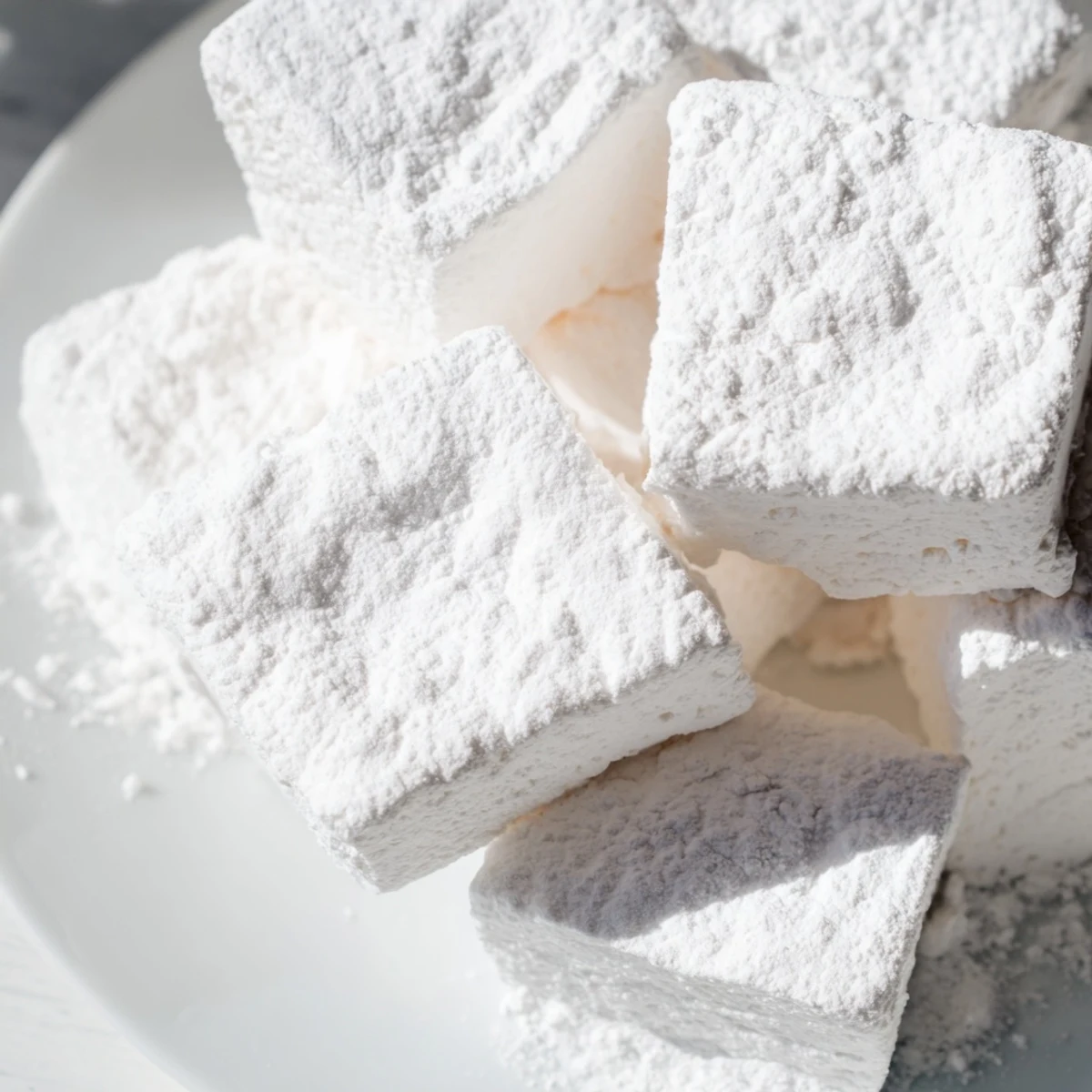 Soft white homemade marshmallow recipe squares dusted with powdered sugar on a wooden board