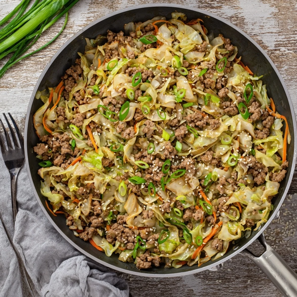 Flavorful low-carb egg roll in a bowl one skillet meal topped with sesame seeds and fresh green onions