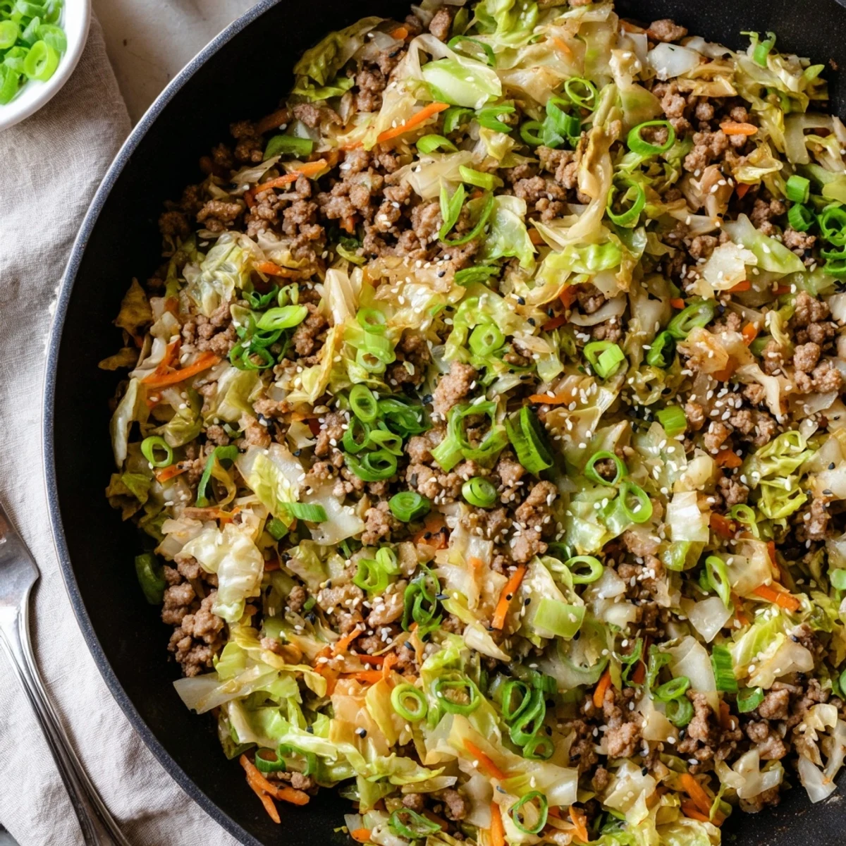 Golden brown ground pork and colorful vegetables sizzling in a skillet for egg roll in a bowl keto dinner