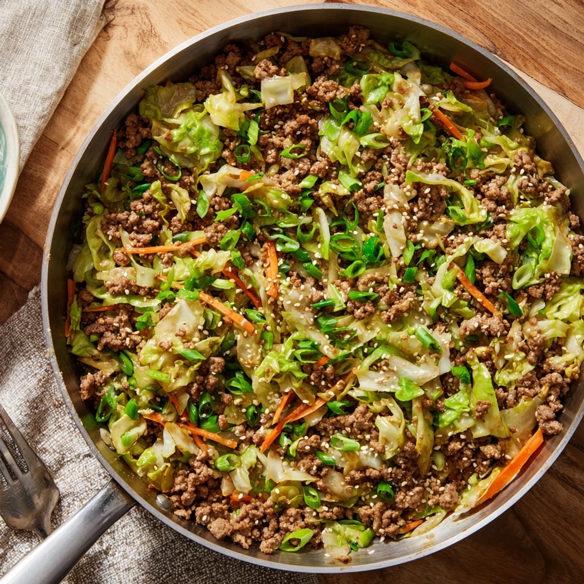 Tender cabbage and carrots mixed with seasoned pork in this easy egg roll in a bowl keto recipe