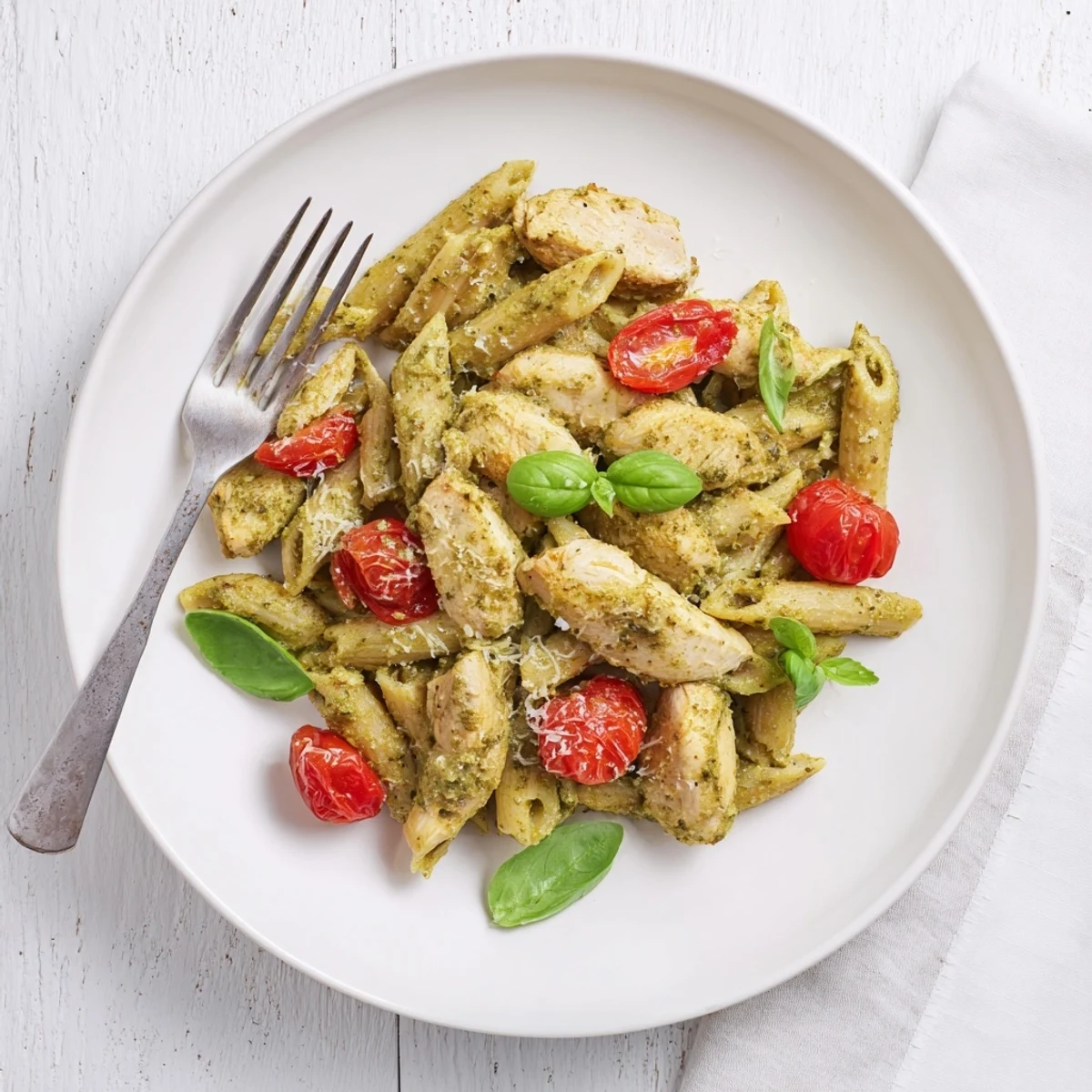 Golden brown chicken pieces mixed with penne pasta in a rich green basil pesto cream sauce