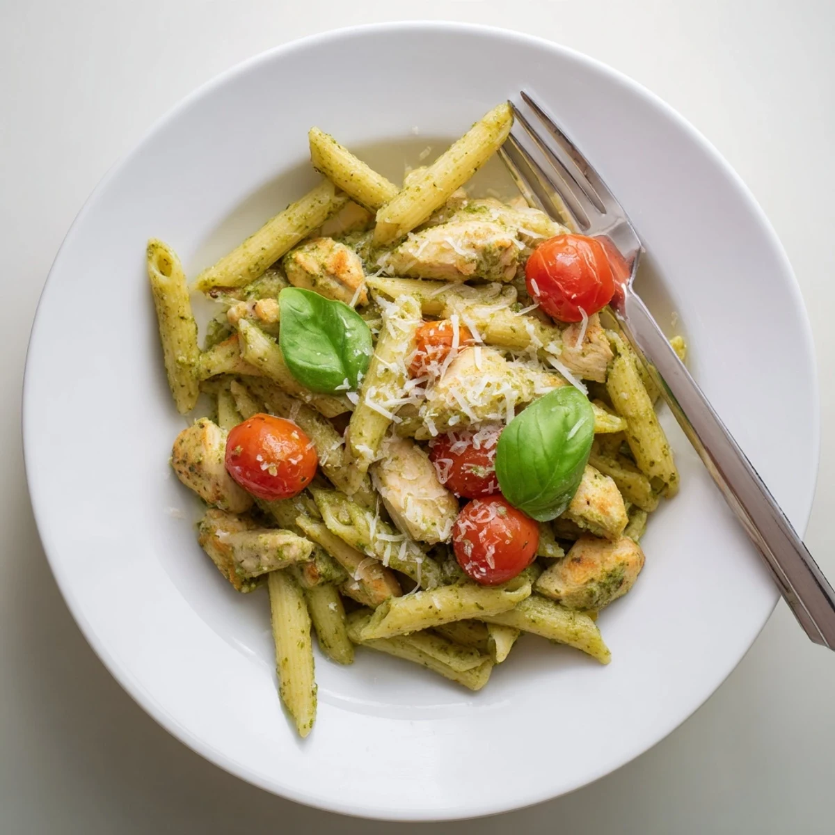 Creamy pesto chicken pasta served in a white bowl topped with fresh basil leaves and grated parmesan