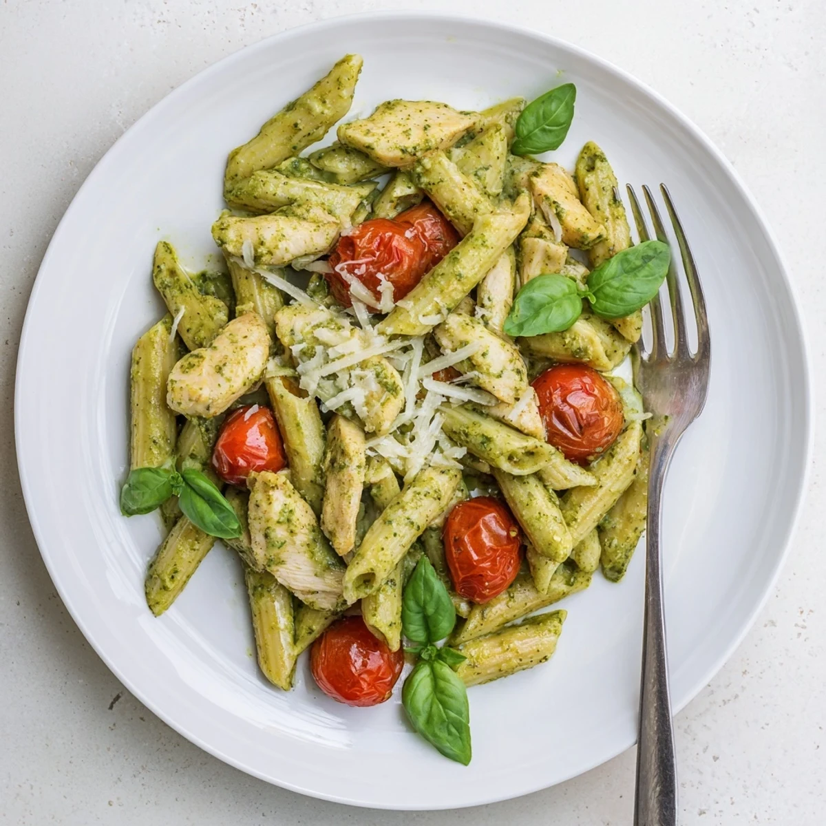 Close-up of tender chicken and al dente pasta coated in a smooth homemade pesto cream sauce
