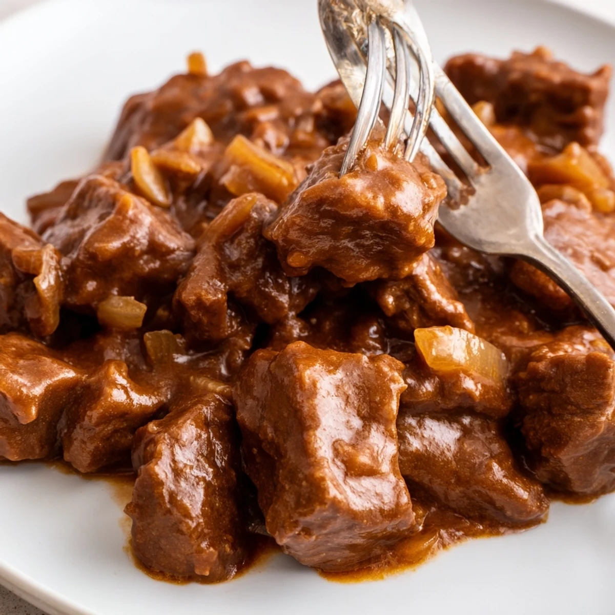 Slow cooker beef tips and gravy smothered in rich brown sauce over fluffy mashed potatoes