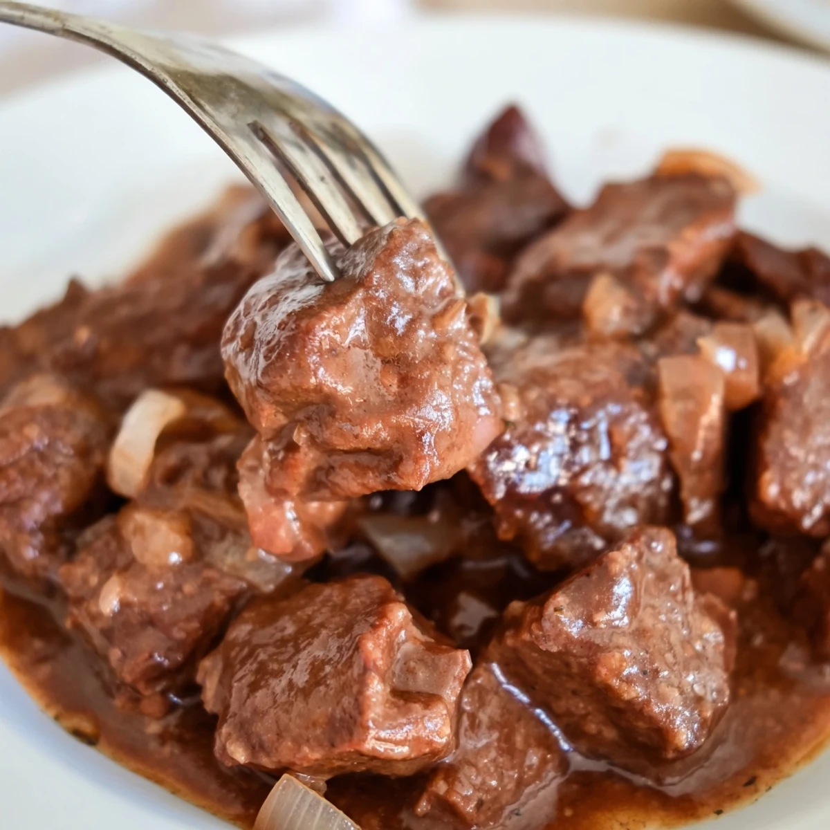 Tender beef simmered for hours in savory gravy with fresh parsley garnish on white plate