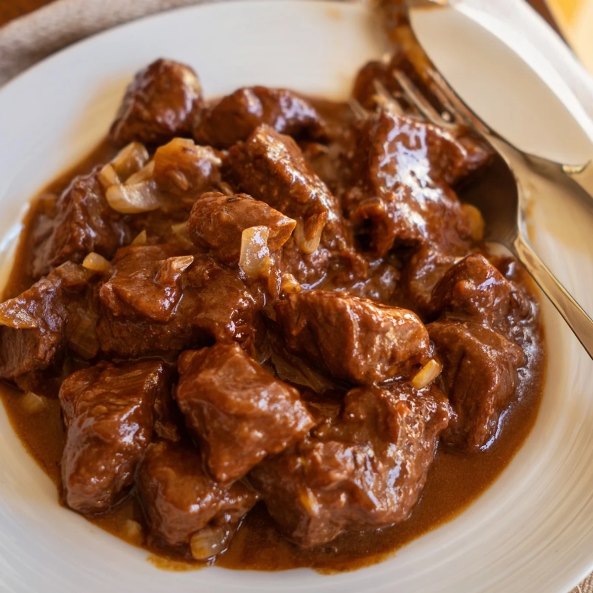 Fork-tender slow cooker beef tips and gravy served over buttery noodles for comforting dinner