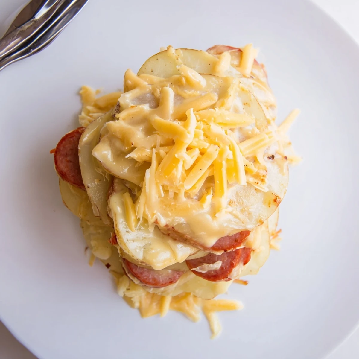 Slow cooker scalloped potatoes kielbasa layered with melted cheddar in a creamy white sauce