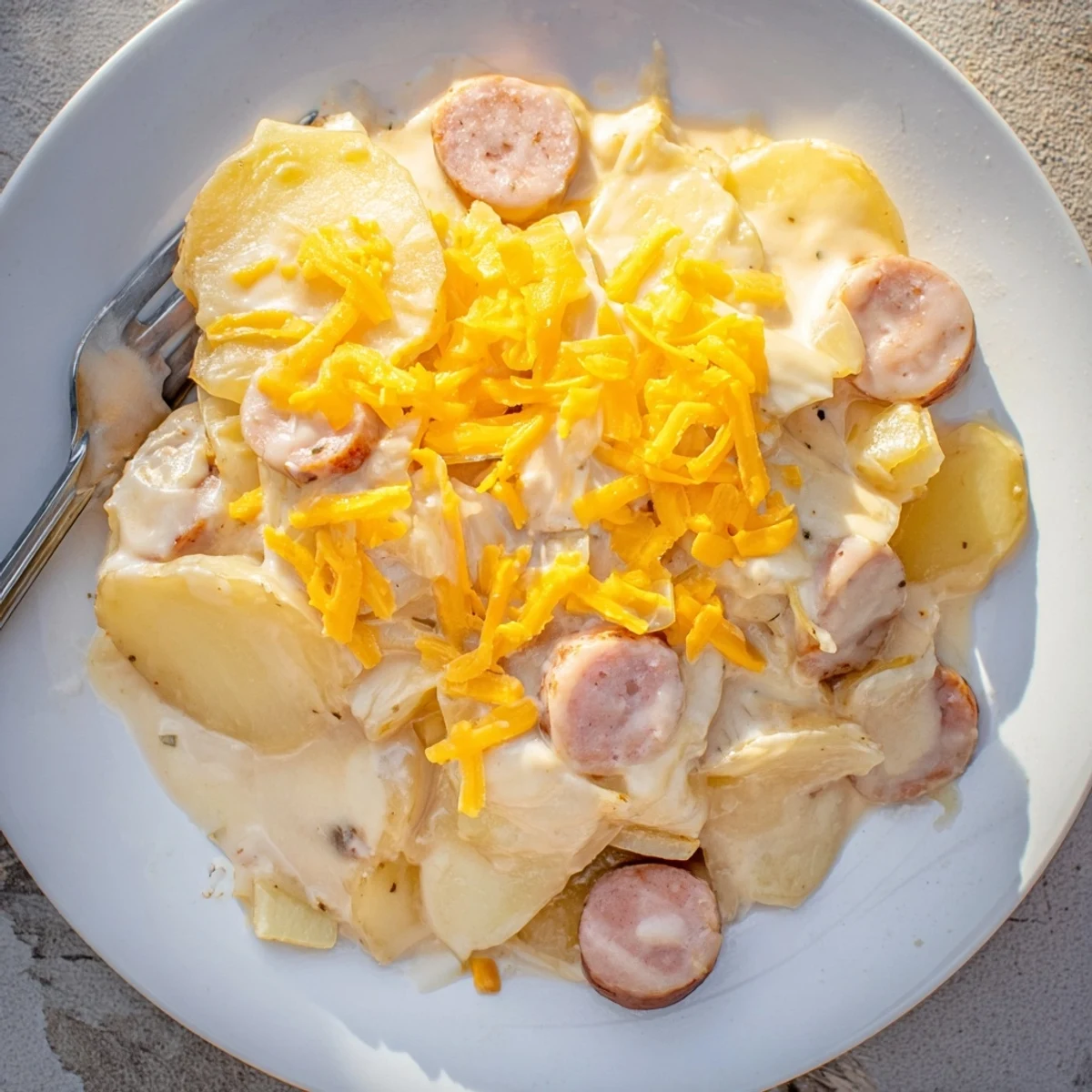 Tender russet potatoes and smoky kielbasa slices bubbling in a rich cheese sauce