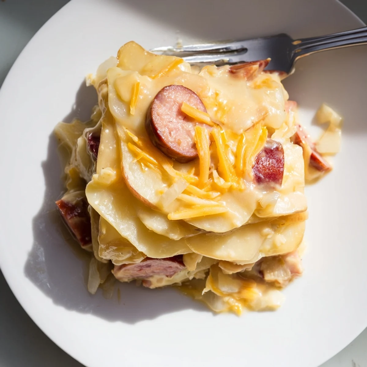 Golden cheese-topped scalloped potatoes with kielbasa rings served fresh from the slow cooker