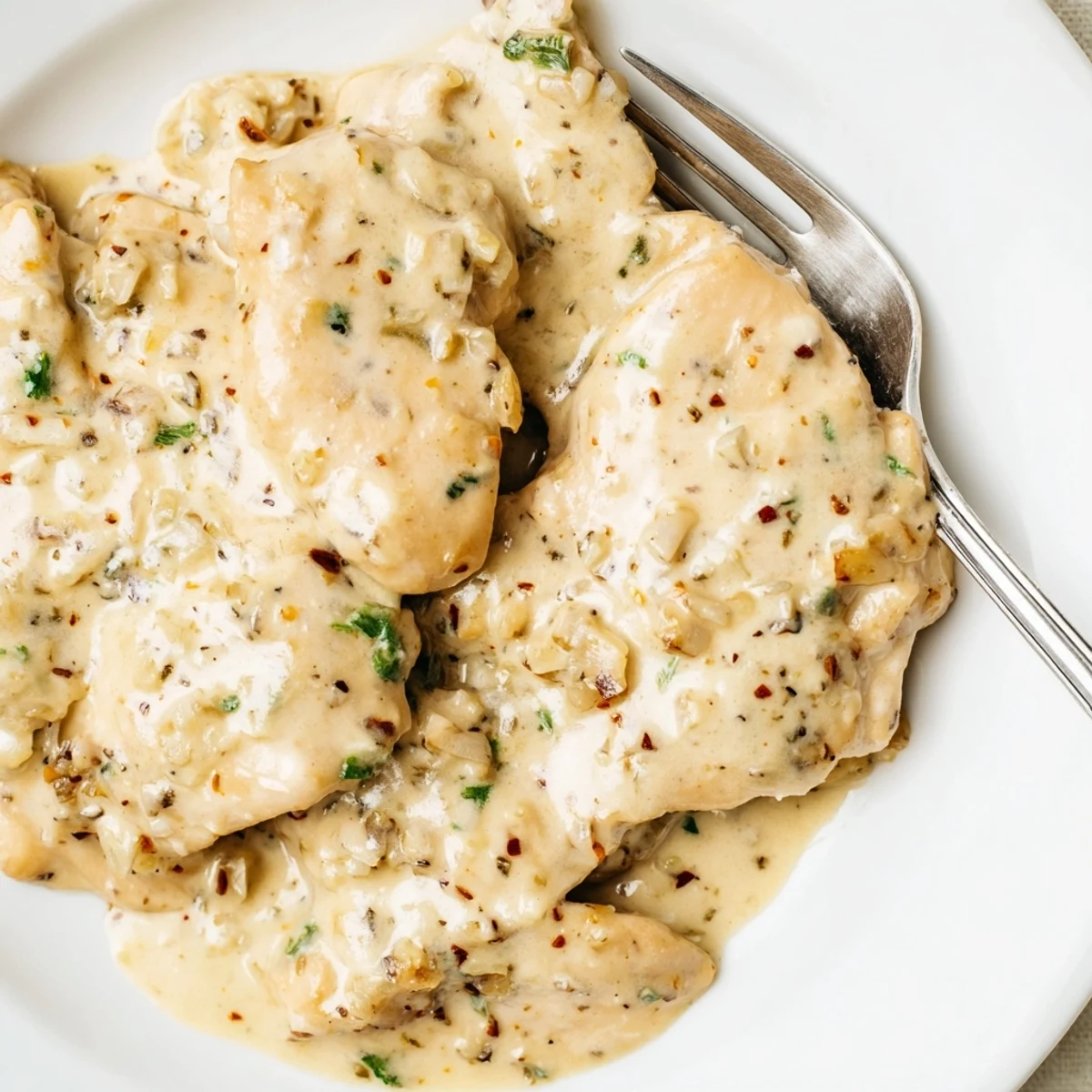 Golden Crockpot chicken thighs swimming in a rich, velvety cream gravy sauce.