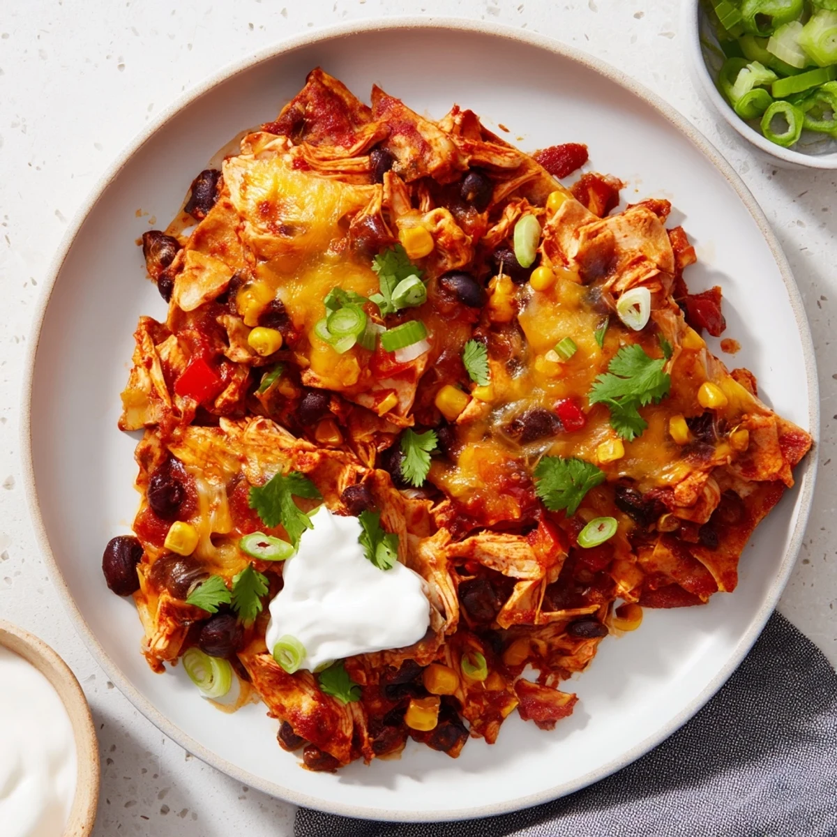 Layered Tex-Mex Crockpot Chicken Enchilada Casserole bubbling with gooey Mexican cheese and red enchilada sauce