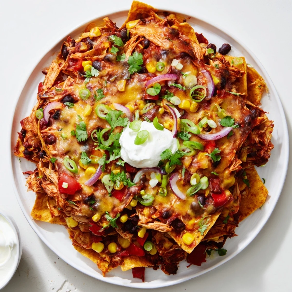 Hearty Crockpot Chicken Enchilada Casserole topped with fresh cilantro and sour cream for serving