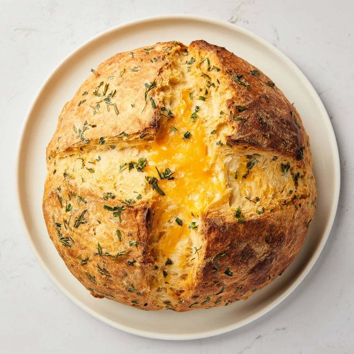 Golden brown cheddar and herb soda bread loaf with visible melted cheese specks and fresh green herbs scattered throughout the crusty surface
