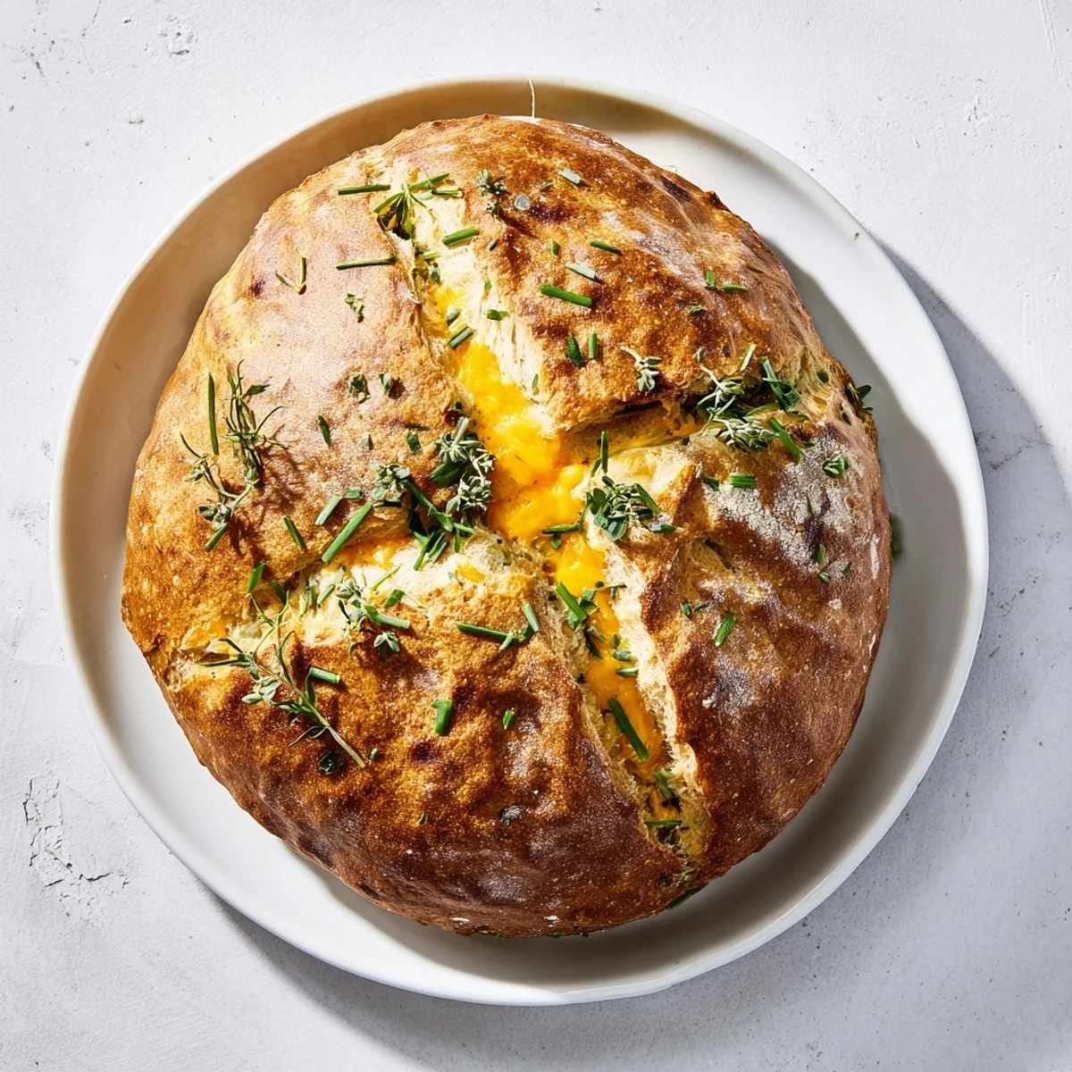 Savory cheddar and herb soda bread sliced open to reveal fluffy interior with pockets of sharp cheddar and aromatic parsley