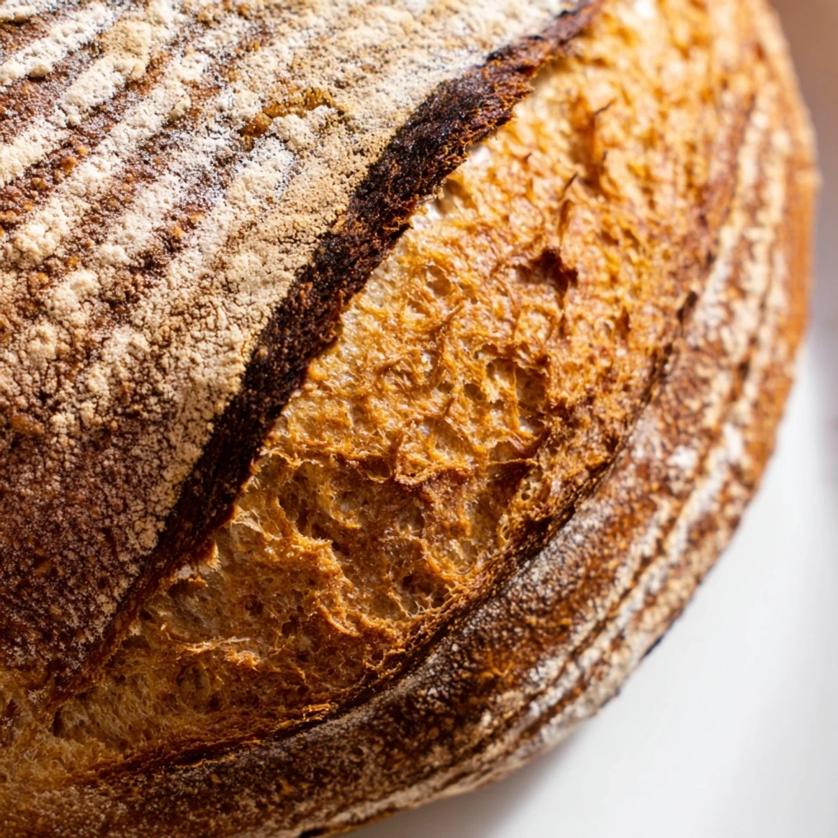 Homemade sourdough bread loaf with golden crust and airy crumb on wooden board