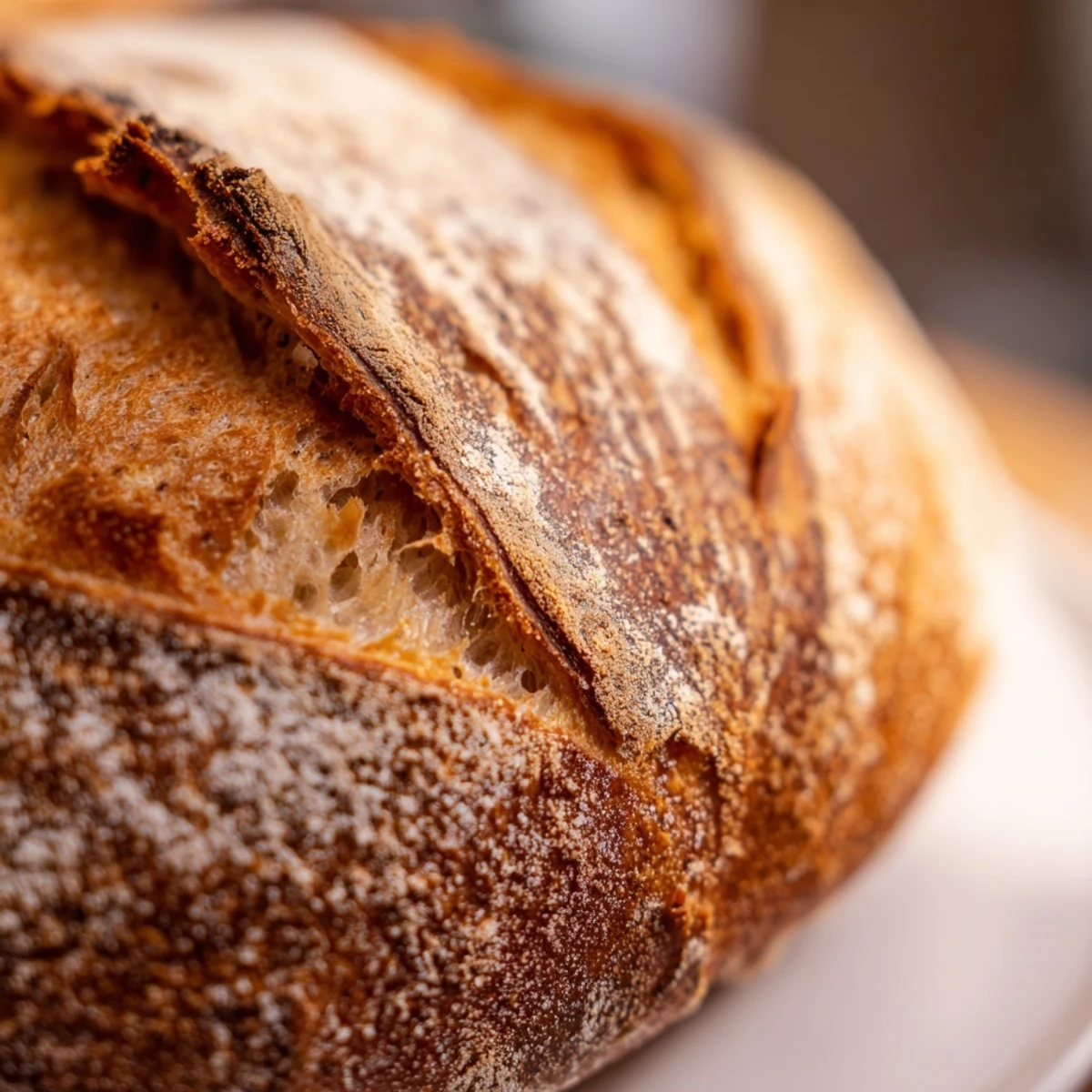 Rustic sourdough bread displaying crackled crust and chewy interior, sliced for serving