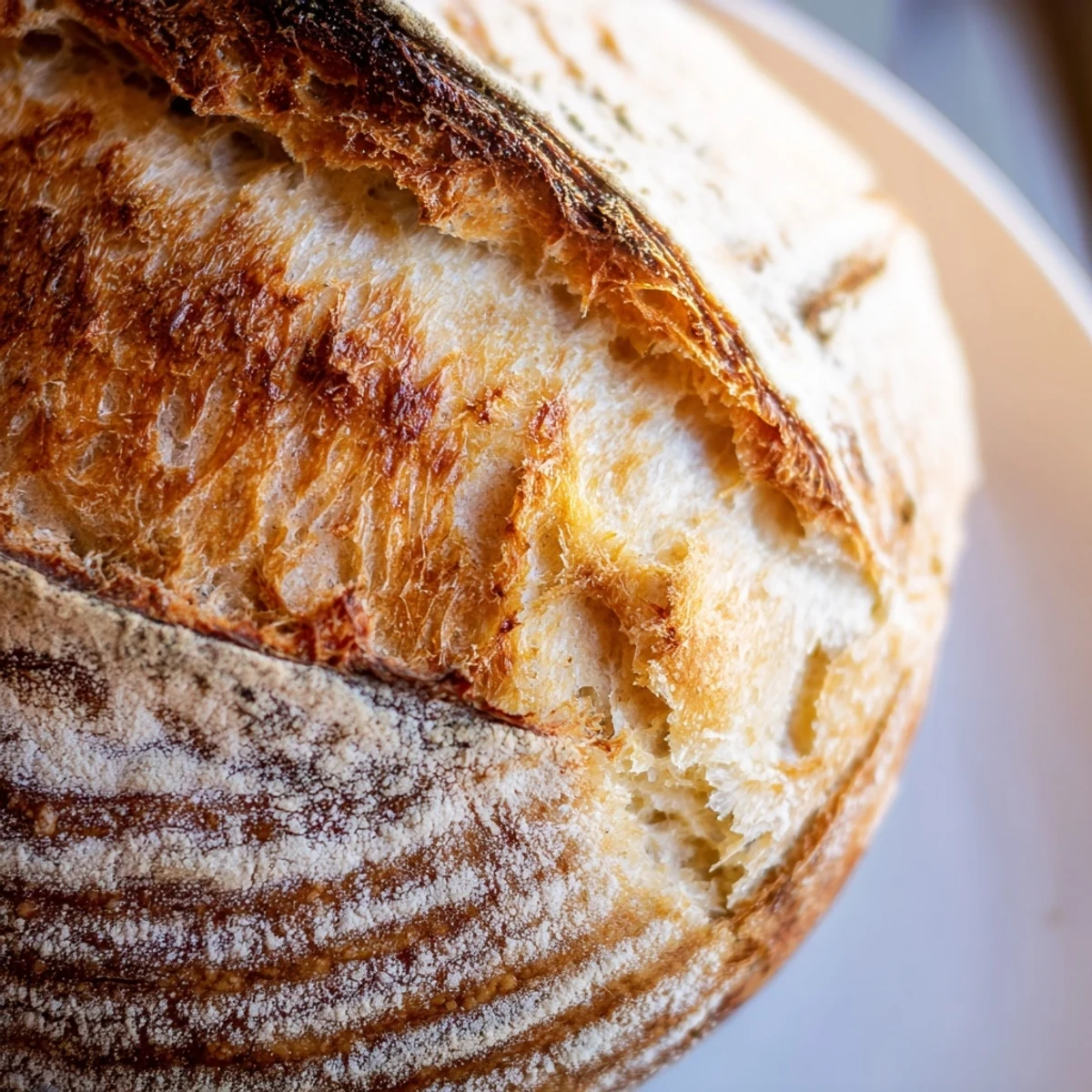 Freshly baked sourdough bread with perfect scoring and crisp, caramelized exterior texture
