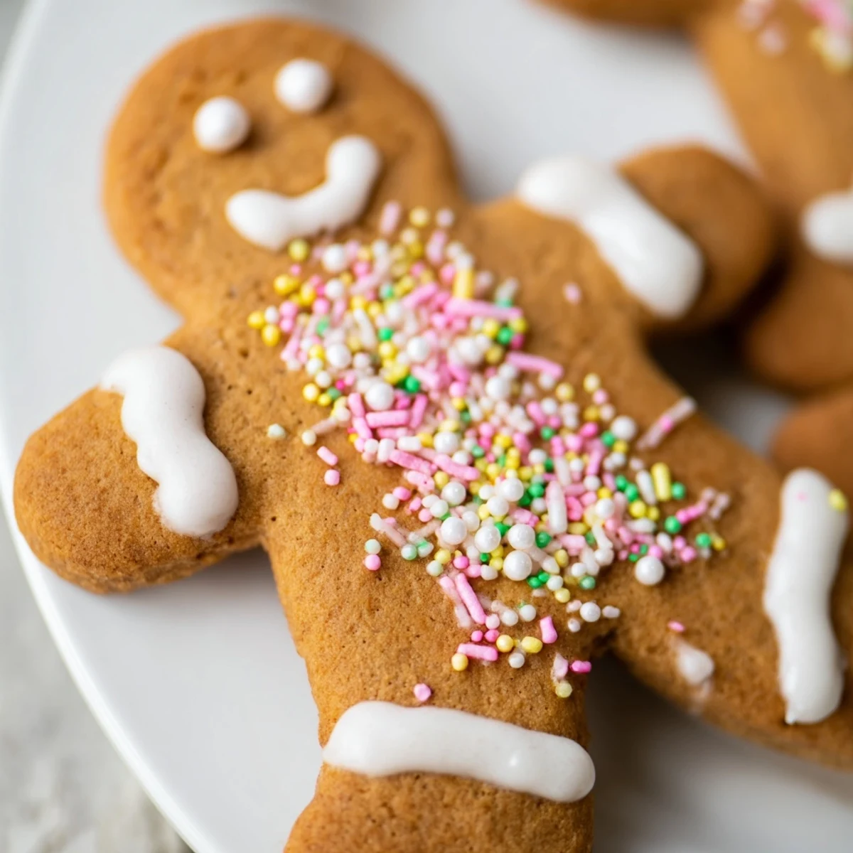 Soft golden brown classic cut out gingerbread cookies decorated with white icing and colorful sprinkles on a white plate.