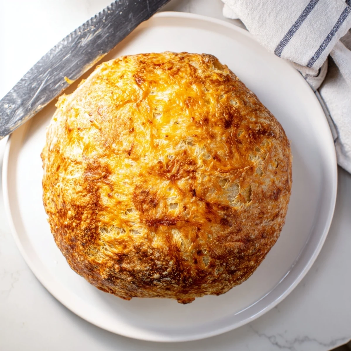 Rustic golden no knead cheddar bread with a crisp crust and tender cheesy crumb