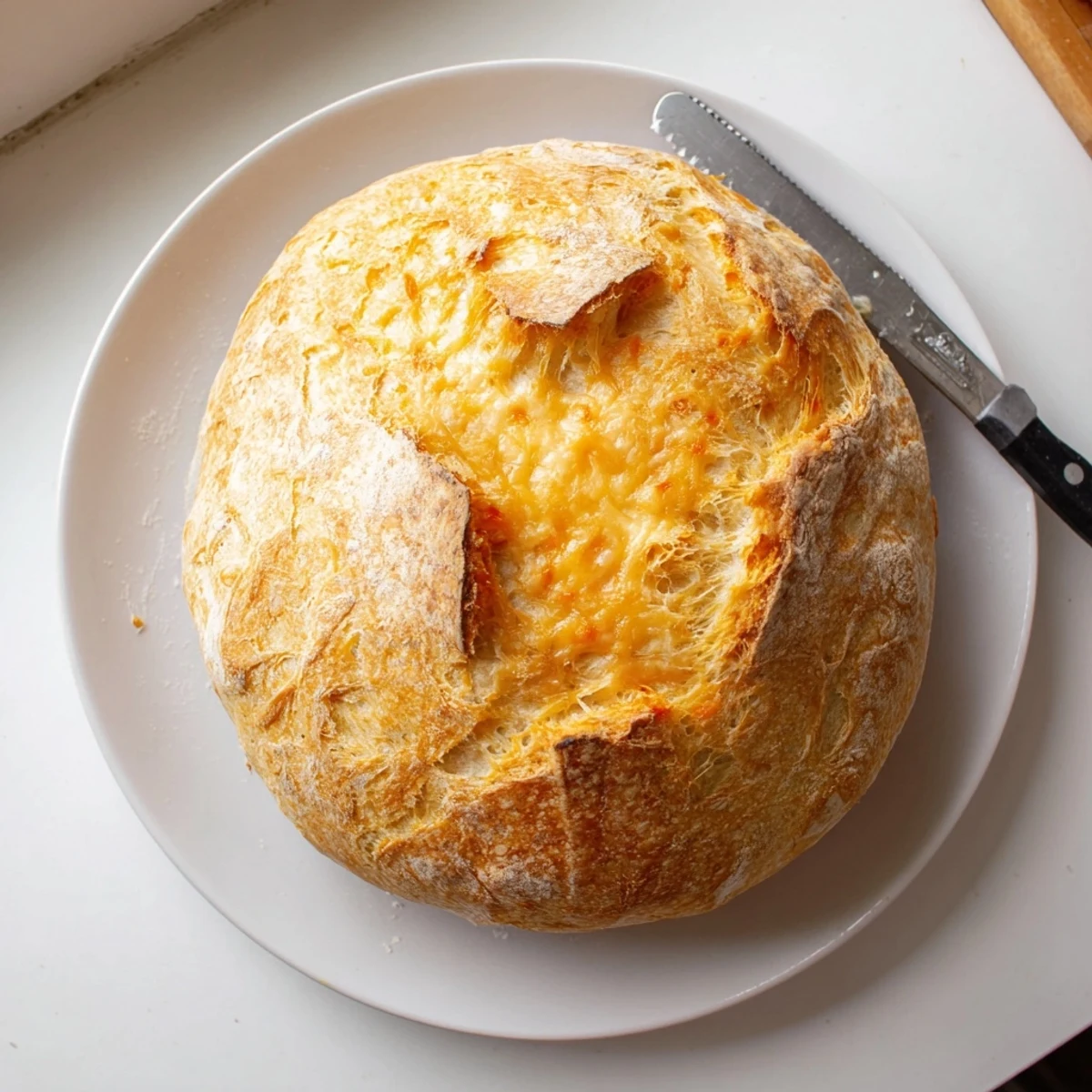 Freshly sliced no knead cheddar bread loaf featuring melted cheese and golden brown crust
