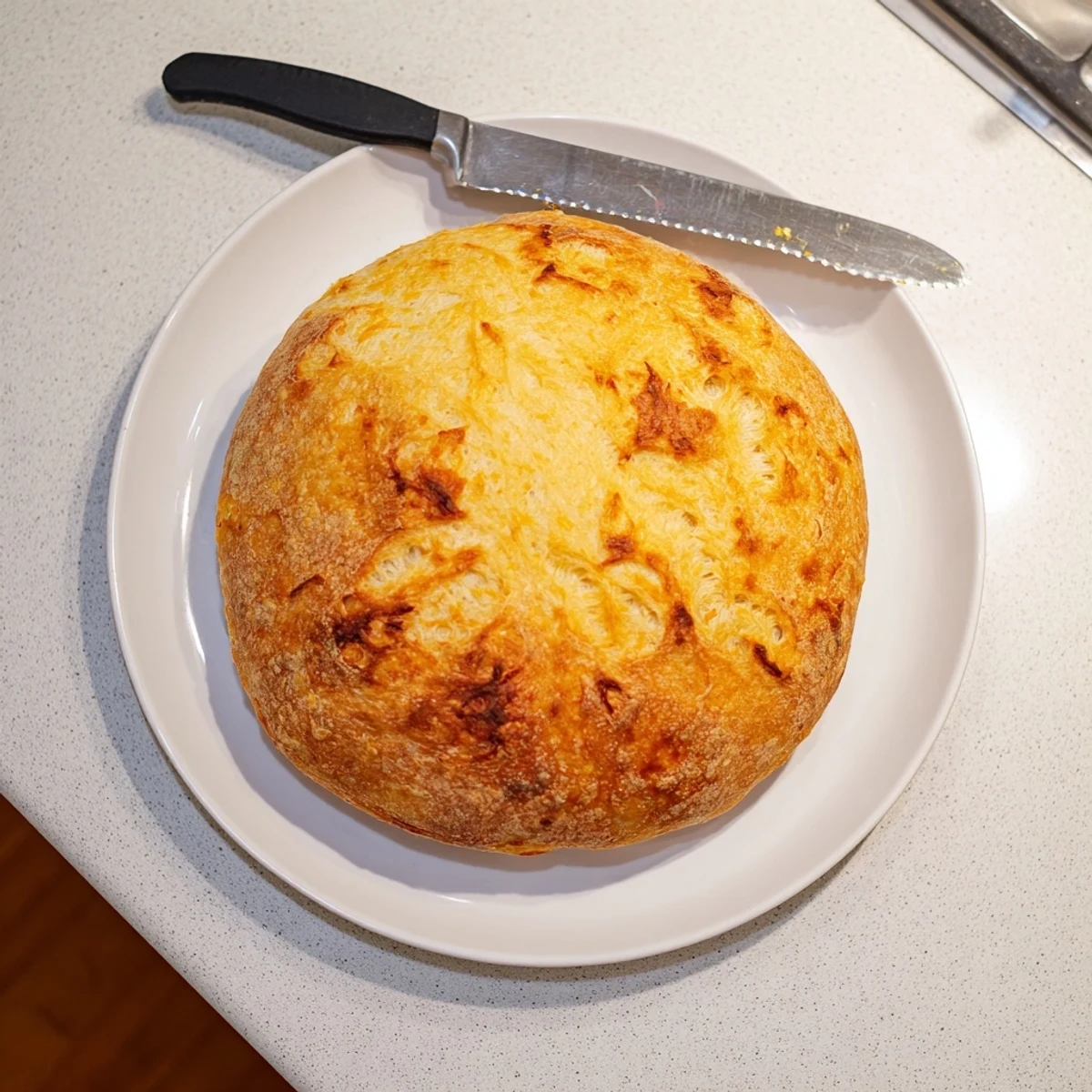 Homemade no knead cheddar bread cooling on wire rack with deep golden crust visible