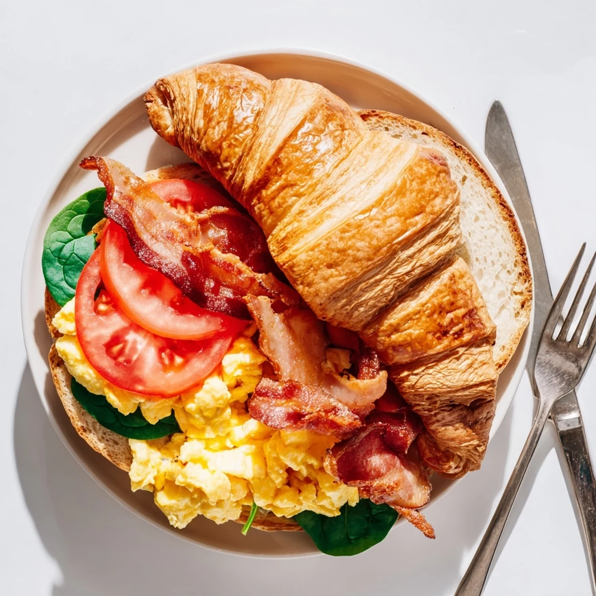 Golden flaky croissant breakfast sandwiches with scrambled eggs crispy bacon and melted cheddar cheese