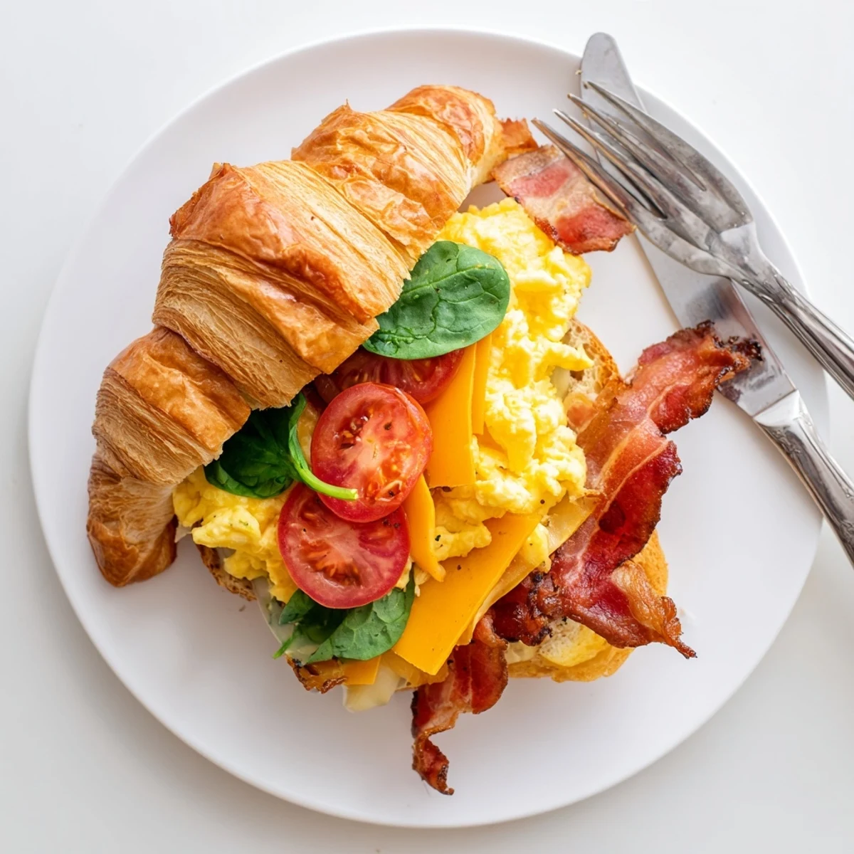 Indulgent croissant breakfast sandwiches featuring warm eggs bacon melty cheese and crisp spinach greens