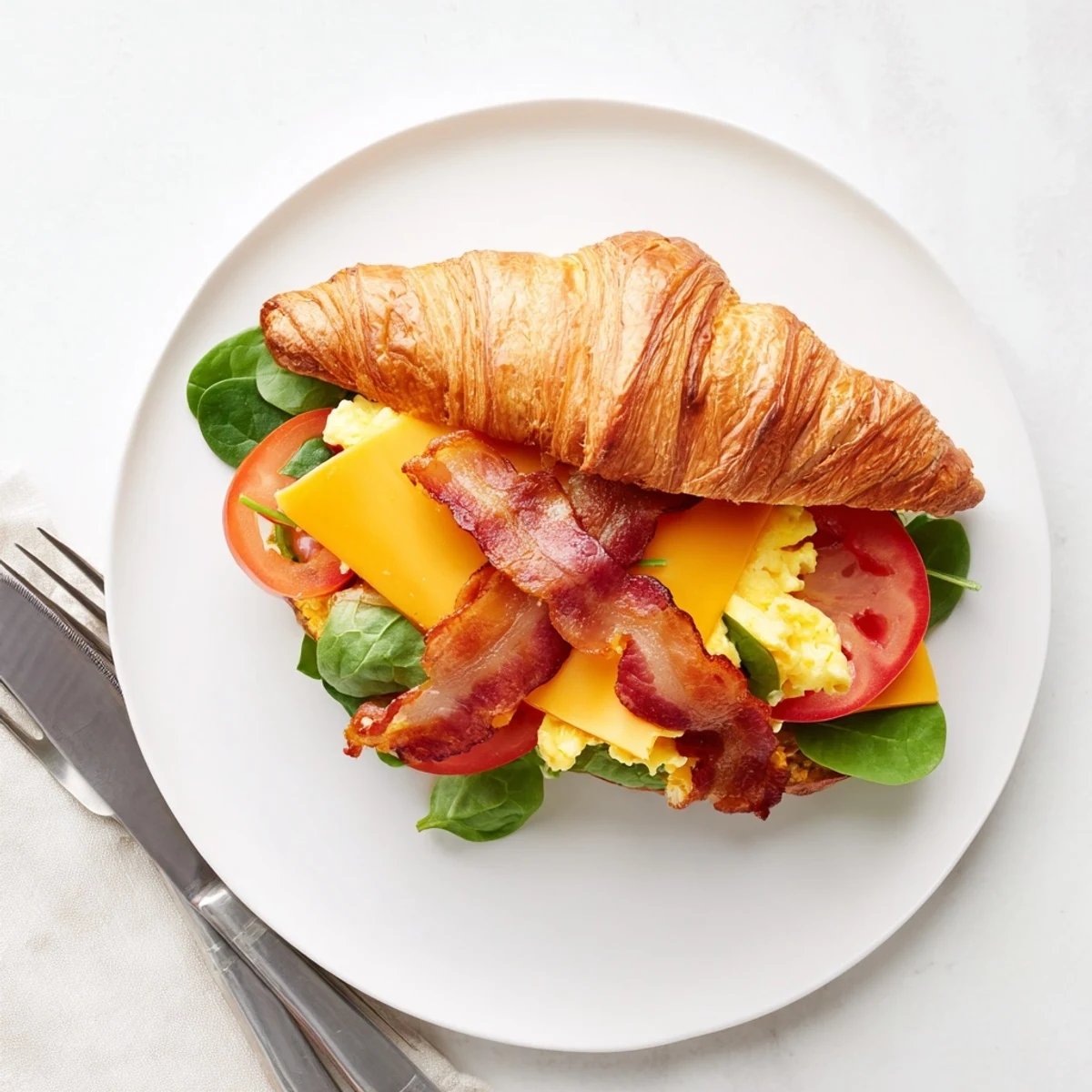 Freshly baked croissant breakfast sandwiches layered with fluffy eggs savory bacon and tomato slices