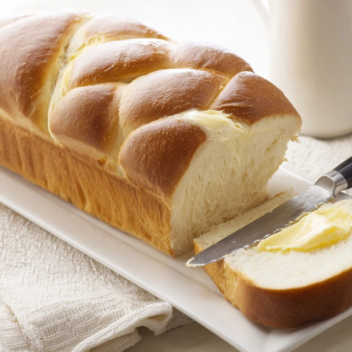 Golden brown homemade Amish white bread loaf fresh from the oven with brushed butter topping