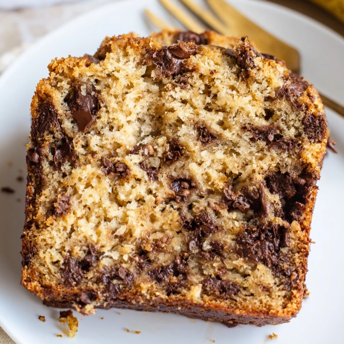 Golden chocolate chip banana bread loaf with melted chocolate chunks on a rustic wooden board