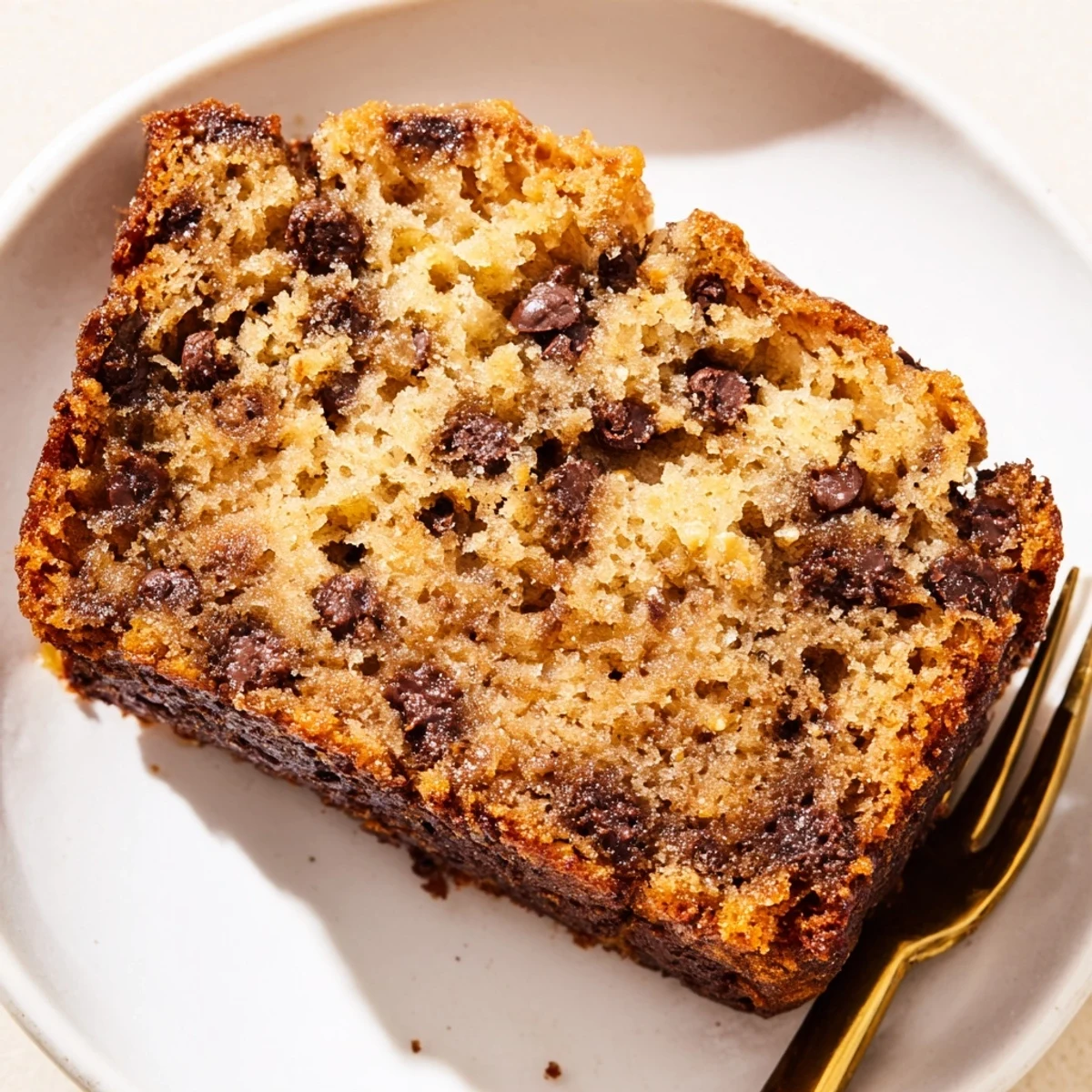 Moist banana bread slice revealing generous chocolate chips served on a white plate