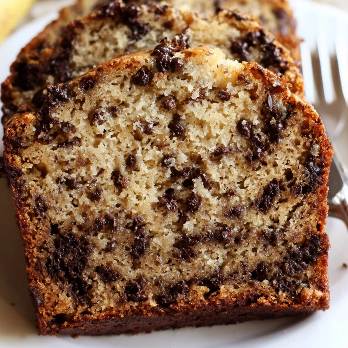 Freshly baked chocolate chip banana bread cooling on a wire rack with a knife nearby