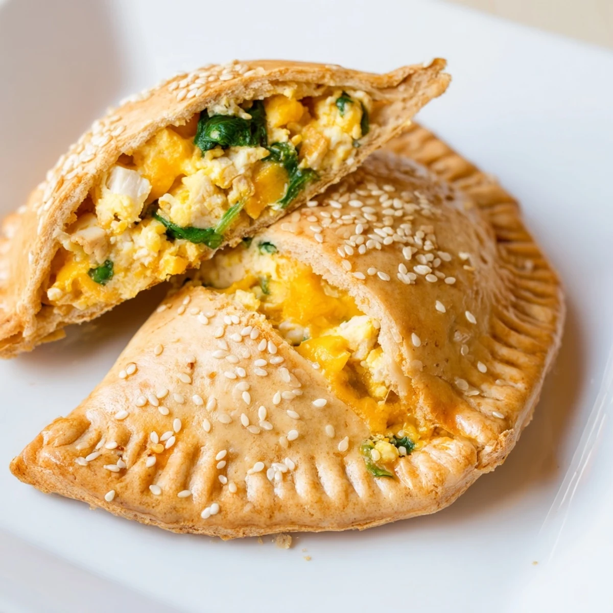 Golden high protein breakfast hot pockets fresh from the oven with egg wash