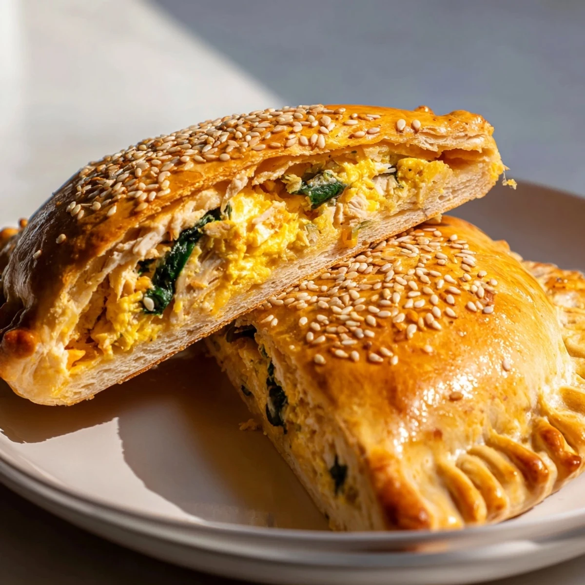 Flaky whole wheat high protein breakfast hot pockets stuffed with scrambled eggs and turkey