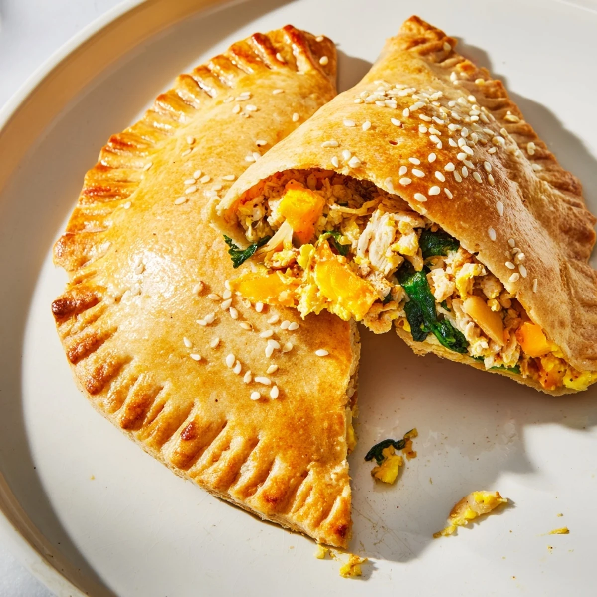 Savory high protein breakfast hot pockets with melted cheddar and spinach on white plate