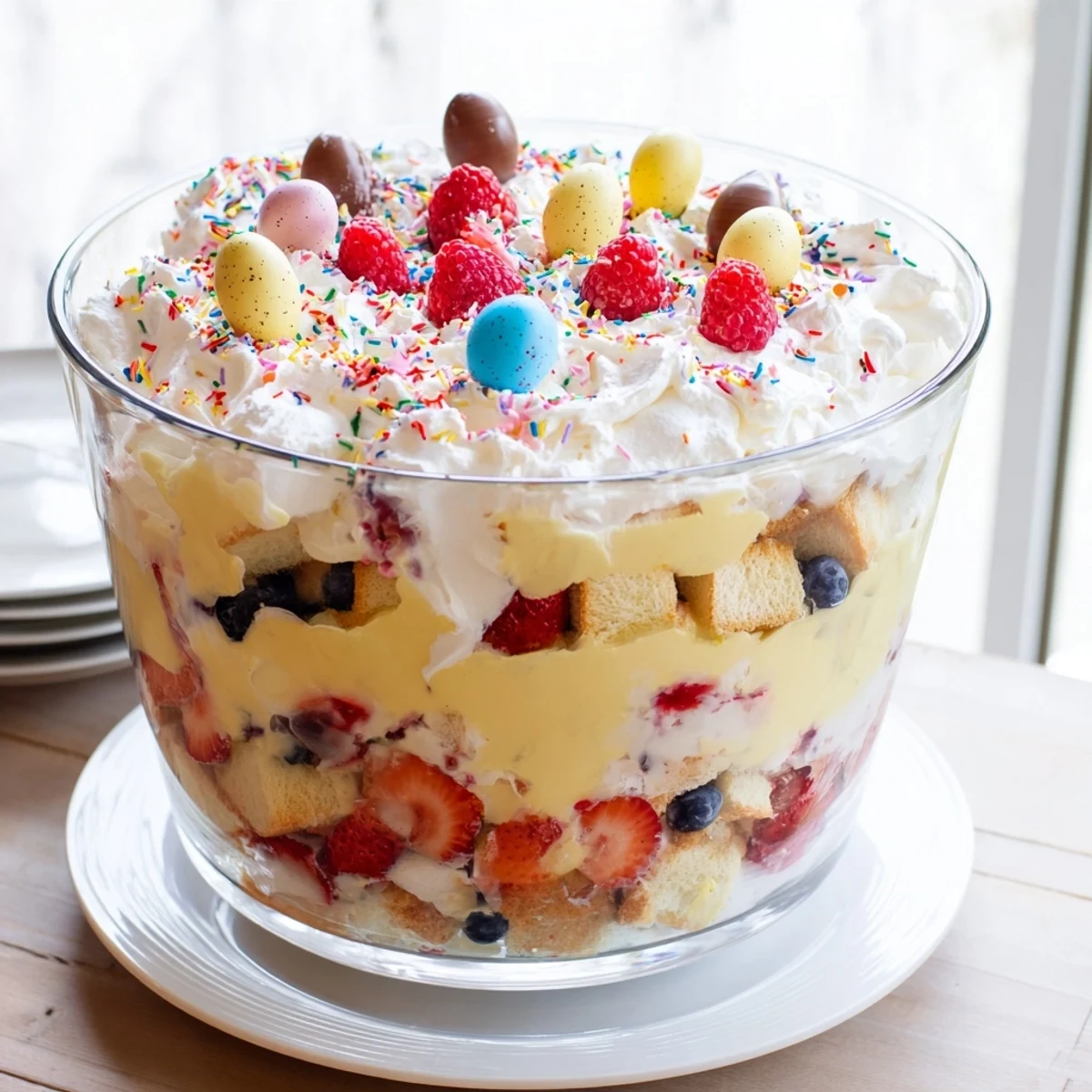 Layered Easter trifle dessert with sponge cake, vanilla custard, fresh berries, and whipped cream in a glass bowl