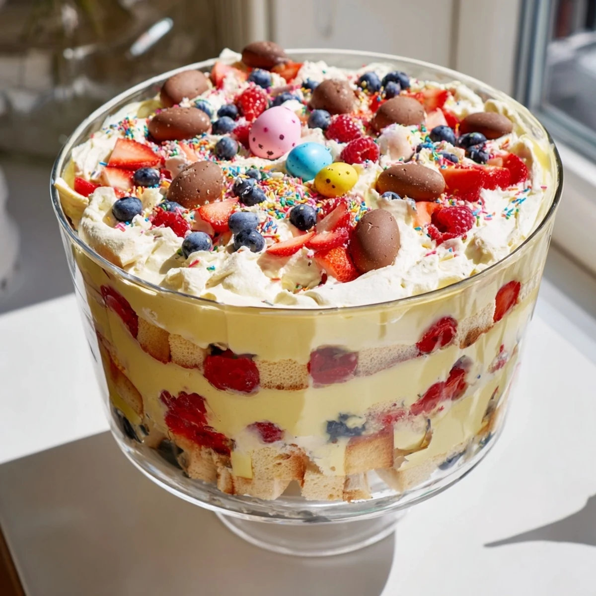 Festive Easter trifle featuring cubes of sponge cake alternating with creamy custard and juicy mixed strawberries and raspberries