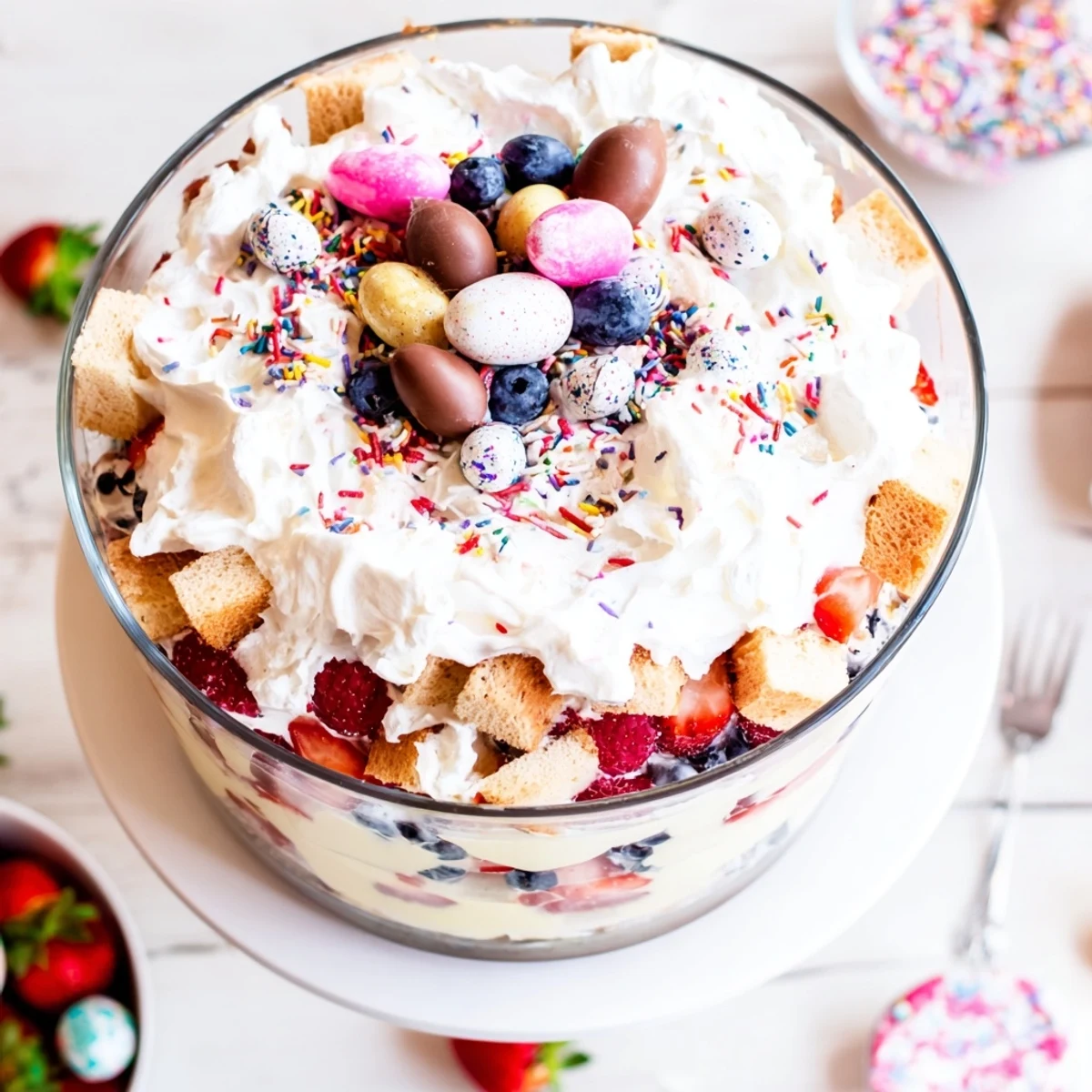 Beautiful Easter trifle dessert topped with whipped cream, chocolate eggs, and mint in a clear trifle dish