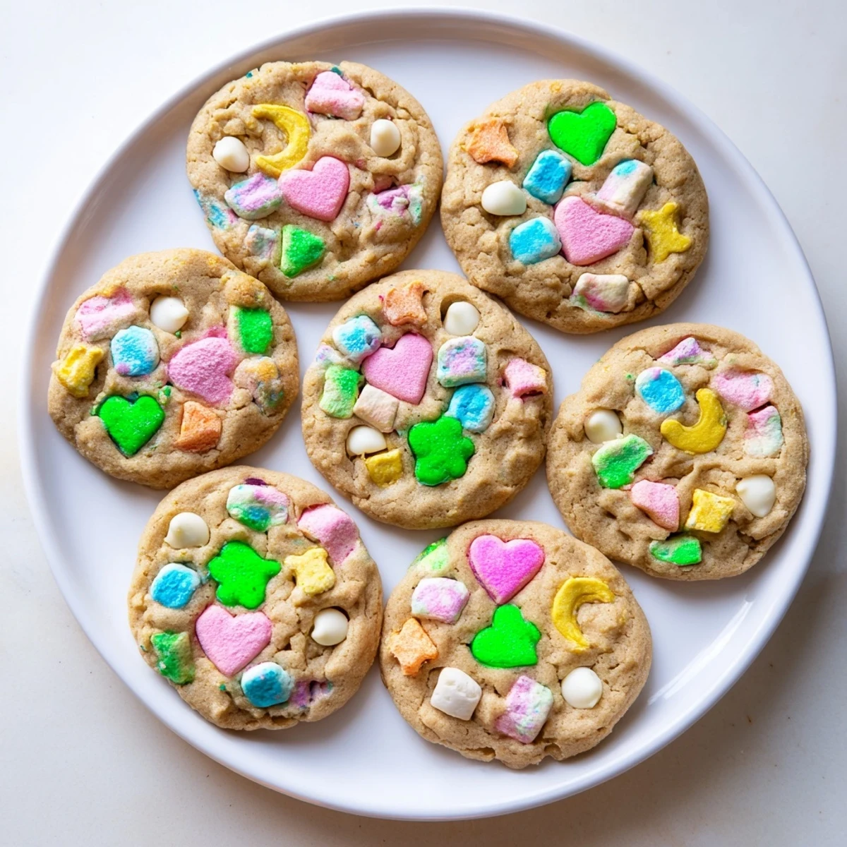 Golden Lucky Charms cookies topped with bright marshmallows fresh from the oven.