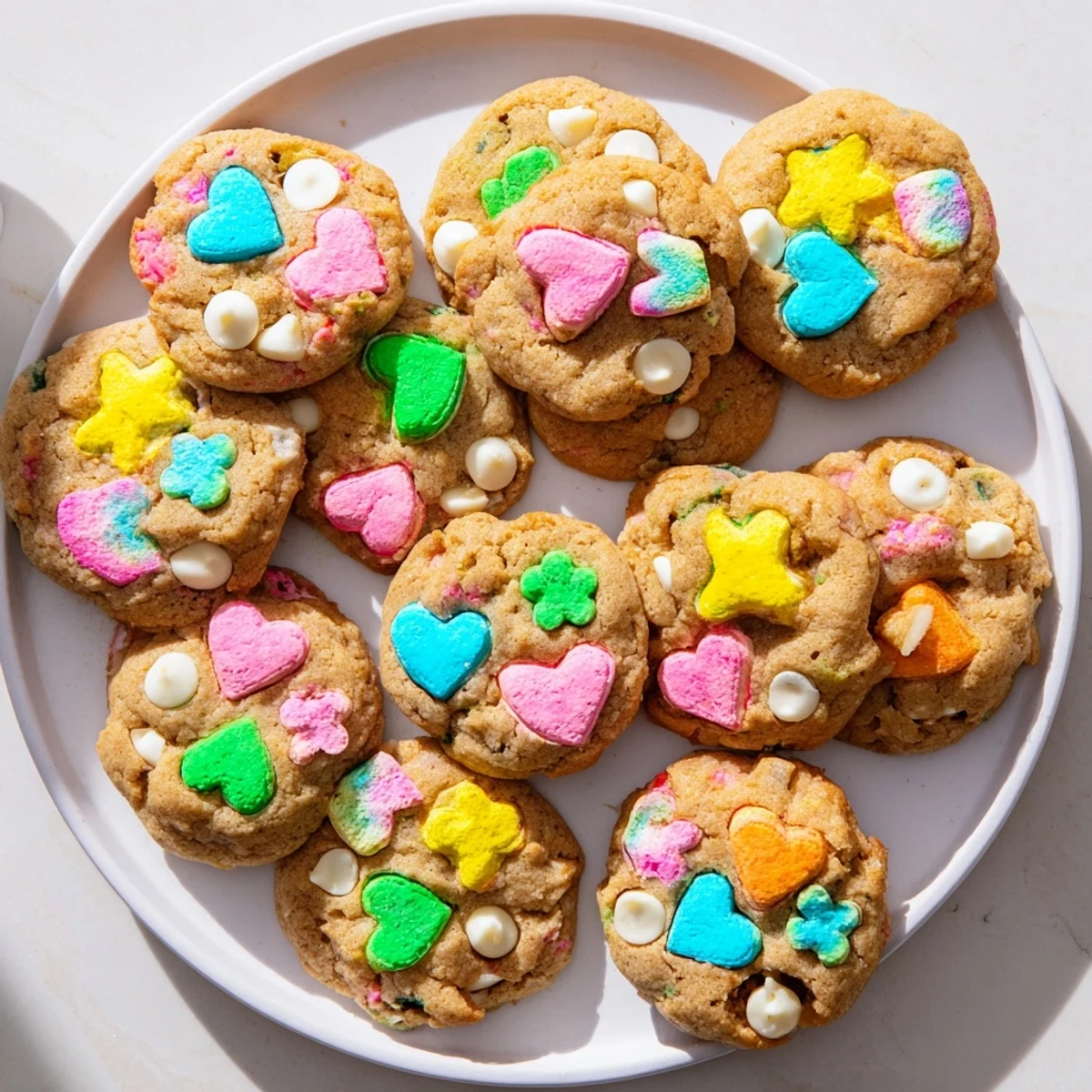Chewy Lucky Charms cookies filled with colorful marshmallow bits and white chocolate chips.