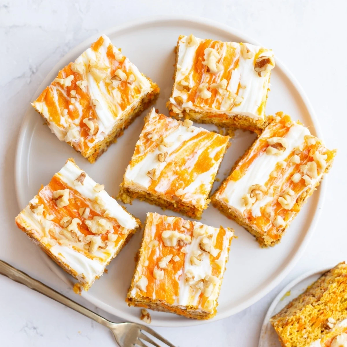 Golden carrot cake cream cheese bars swirled with velvety cheesecake layer on a white plate