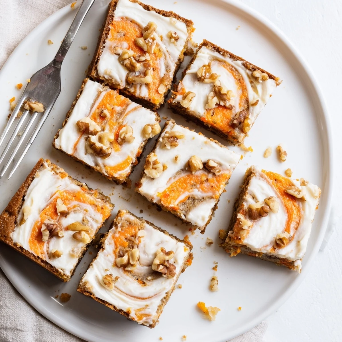 Moist spiced carrot cake bars topped with creamy cheesecake swirls and finely grated carrots