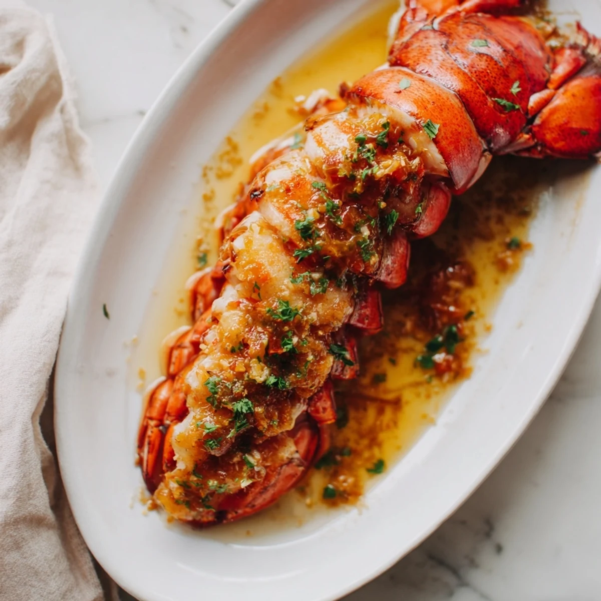Golden garlic butter lobster tails baked to tender perfection and garnished with fresh parsley