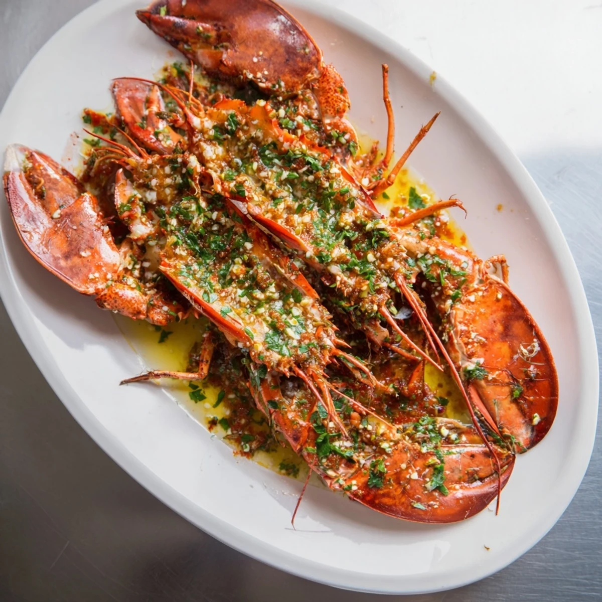 Succulent lobster meat brushed with lemon garlic butter sauce atop the shell for elegant dining