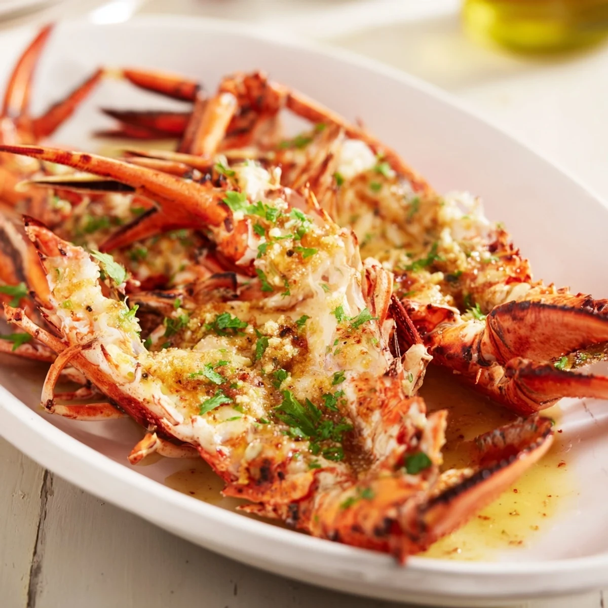 Tender baked lobster tails swimming in rich melted garlic butter with bright lemon wedges