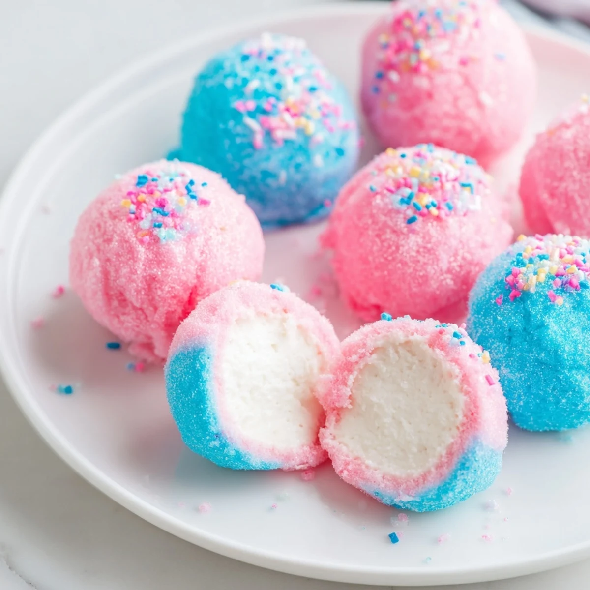 Pink fluffy cotton candy cheesecake puff balls arranged on a white serving plate with colorful sprinkles.