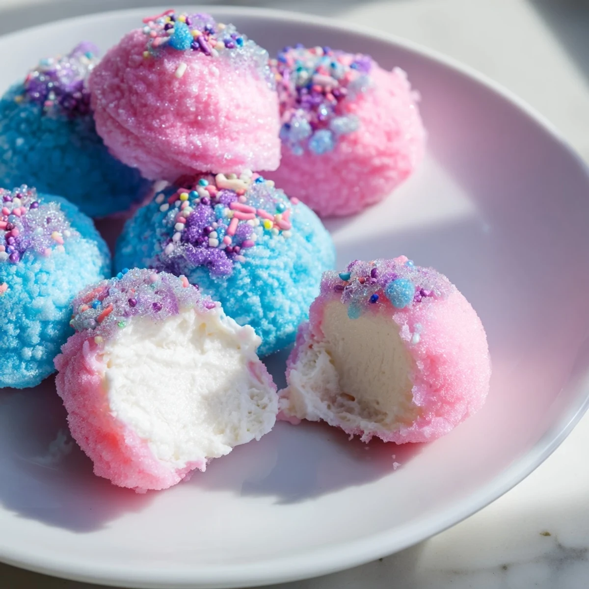 Creamy cheesecake centers wrapped in wispy cotton candy shells for a whimsical party dessert.