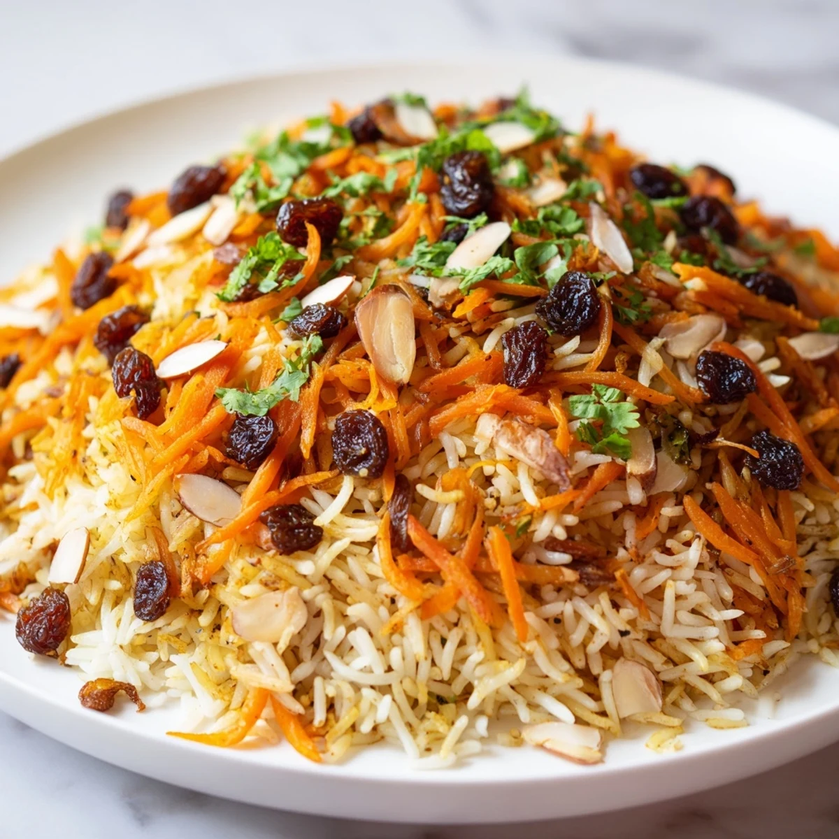 Golden Afghan rice topped with caramelized carrots, plump raisins, and fragrant warm spices