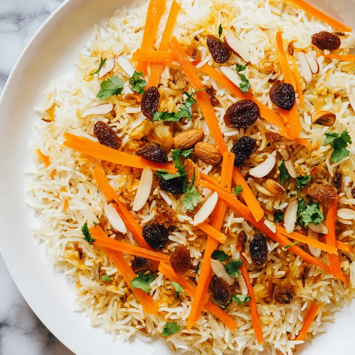 Fluffy Afghan rice pilaf garnished with toasted almonds and colorful sautéed carrot ribbons
